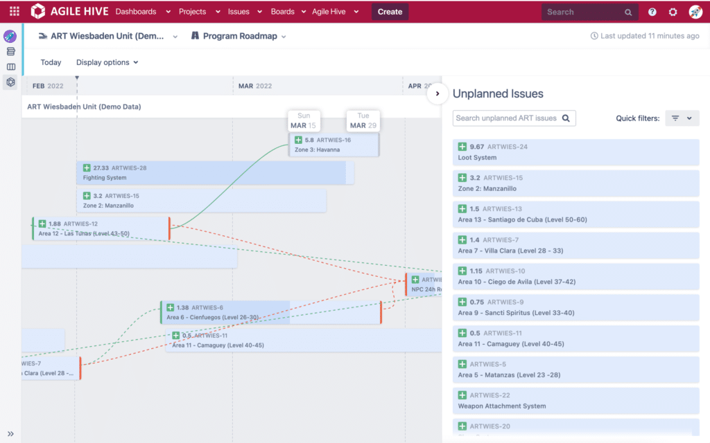 Agile Hive for Jira Data Center (DC)  - Roadmap planning showing dependencies.