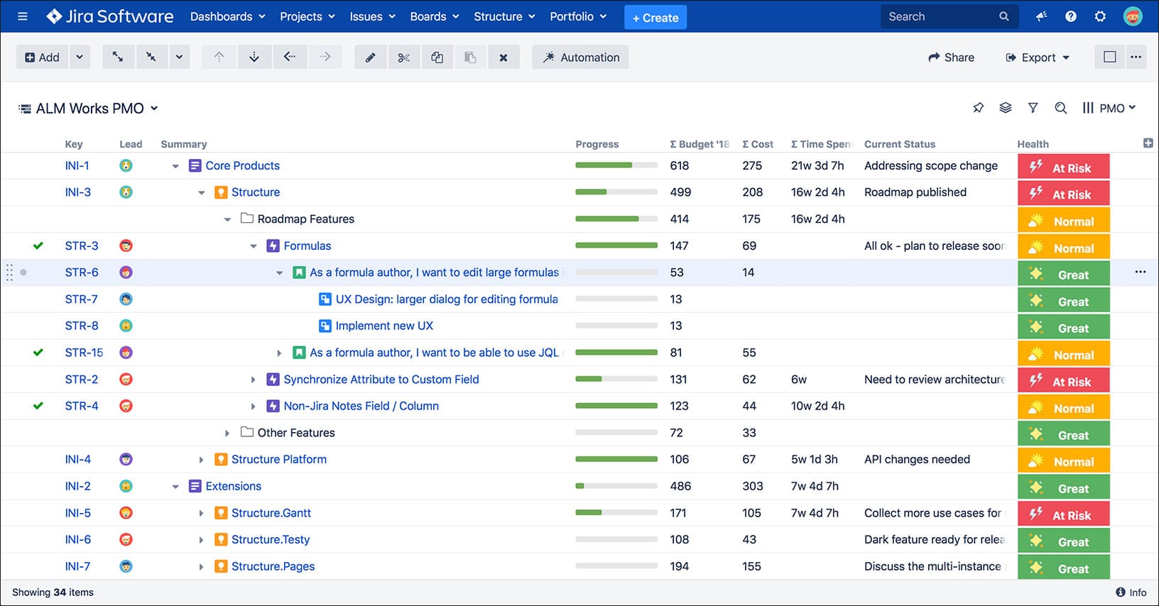 PM may want to prepare more detailed information specific for the PI planning, and Structure allows you to view issues across multiple projects, organized by fix version, sprints, or however you plan work, and you can aggregate issue data across your planning intervals.