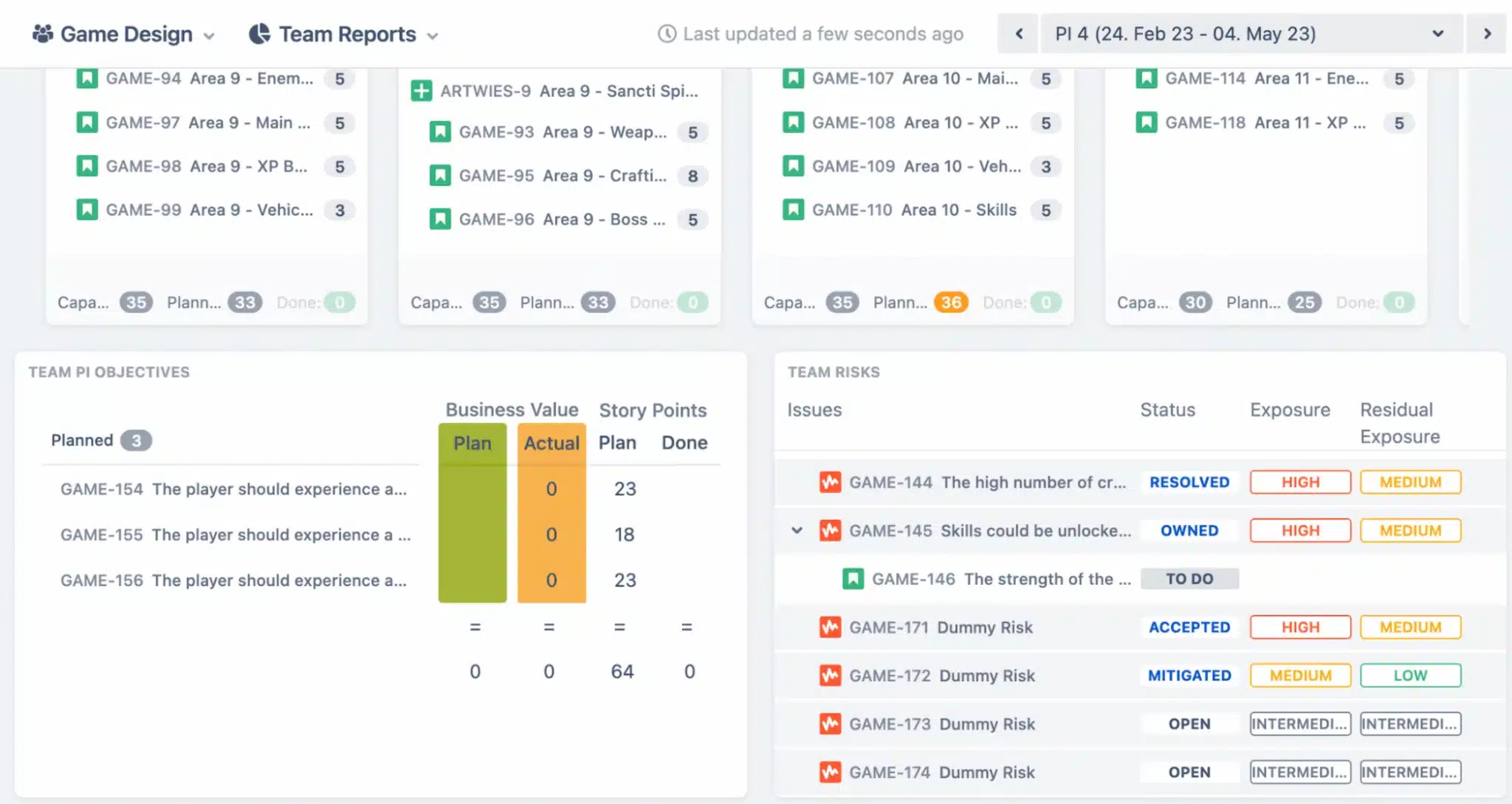 PI Objectives and Risks displayed on Agile Hive