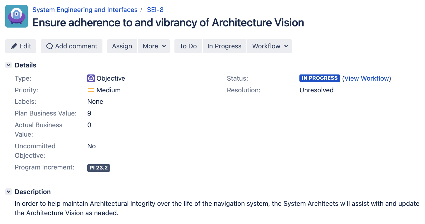 An example of a PI Objective the SEI team creates.