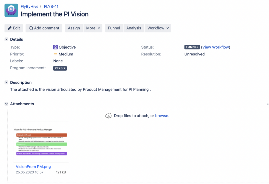 Capturing the Product Manager's vision for the Planning Interval (PI) within Agile Hive.